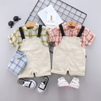 

Summer Baby Clothes Suit Children Boys plaid Pattern Shirt Overalls 2Pcs/sets Toddler Formal Clothing Infant Kids Tracksuits set