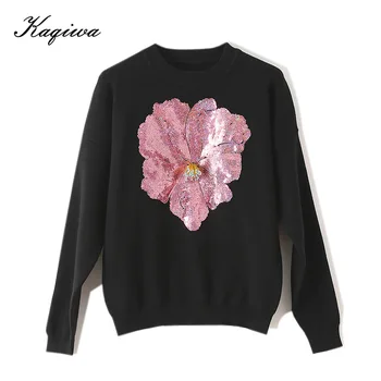 

2020 Autumn new flower Sequin embroidery loose all round neck knitwear fashion Pullover women's sweater