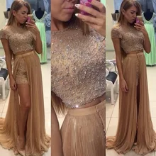 С короткими рукавами расшитое бусинами Топ Выпускные платья из двух частей высокая сторона Сплит Длинные Pagenat вечерние платья ТРАПЕЦИЕВИДНОЕ платье невесты