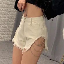 

Summer Skinny Shorts 2021 Women Blue Hole High Waist Streetwear Shorts Bottoms Sexy Club Fringe Denim Short Jeans Chain Lace Up