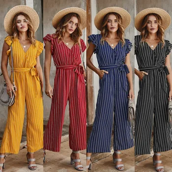 

BONJEAN Women Spring and Summer 2020 Jumpsuits Female Casual Print V-neck Belt Jumpsuit Short Sleeve Wide Leg Loose Slacks