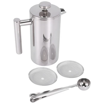 

800Ml 6 Cups French Press,27 Oz,Double Wall Stainless Steel Tea Cafetiere Kettle, with Coffee Spoon & 2 Filter Sns