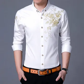 

Plus size 6XL 7XL shirt 2019 fashion gold rose flower print button shirt men's slim long-sleeved business shirt men's petticoat