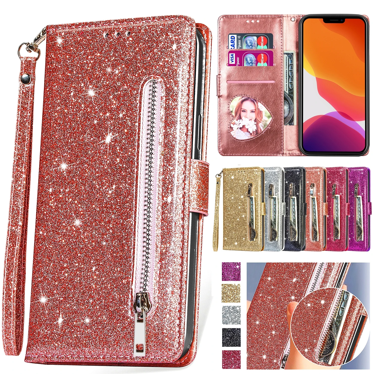 Zipper Flip Wallet Glitter Leather Bling Stand Phone Cover