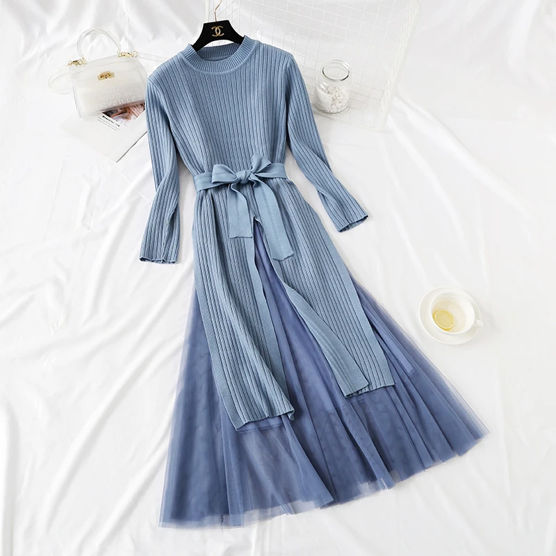 

2019 New Autumn Winter Women's Hepburn Wind Long Sweater Dress + Sling Gauze Dress Two-piece Female Casual Dress Suit
