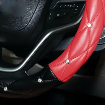 

Parts Steering Wheel Cover Interior Inner Rhinestones Black+Red PU Leather 15 Inches