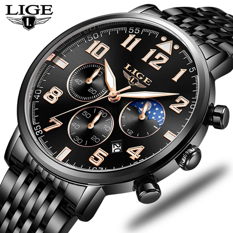 Модные Для мужчин s часы lige Top Роскошные Брендовые Часы Для мужчин Спорт Full Сталь водонепроницаемые кварцевые часы наручные часы Relogio Masculino