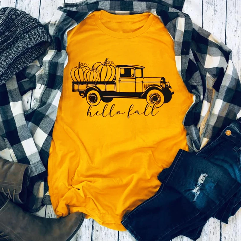 

Hello Fall Rustic Truck Mustard T-shirt Stylish Women Graphic 100%Cotton Tee Top Vintage Unisex Oversized Grunge Workout Tshirt