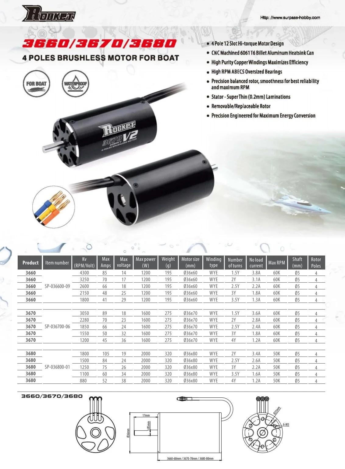 Rocket 3660 rc boat parts waterproof brushless dc motor electric for boats brushless motor with 5mm shaft