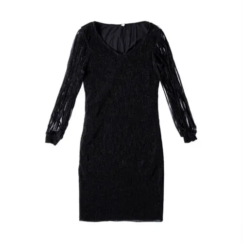 Летнее женское облегающее платье с блестками и кисточками, с длинным рукавом и v-образным вырезом, вечернее Клубное платье, мини платье, модная уличная одежда - Цвет: Черный