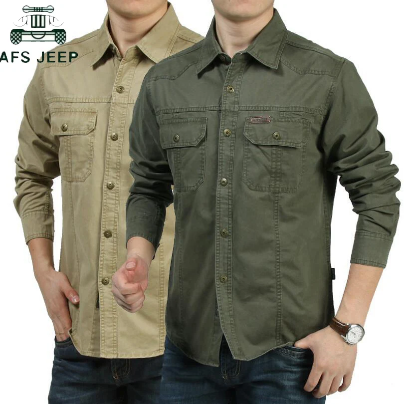 Koop AFS JEEP Zomer Casual Dress Shirt 2019 Plus Size M 6XL Militaire Shirt Mannen Lange SLeeve100 % Katoen Camisa sociale masculina