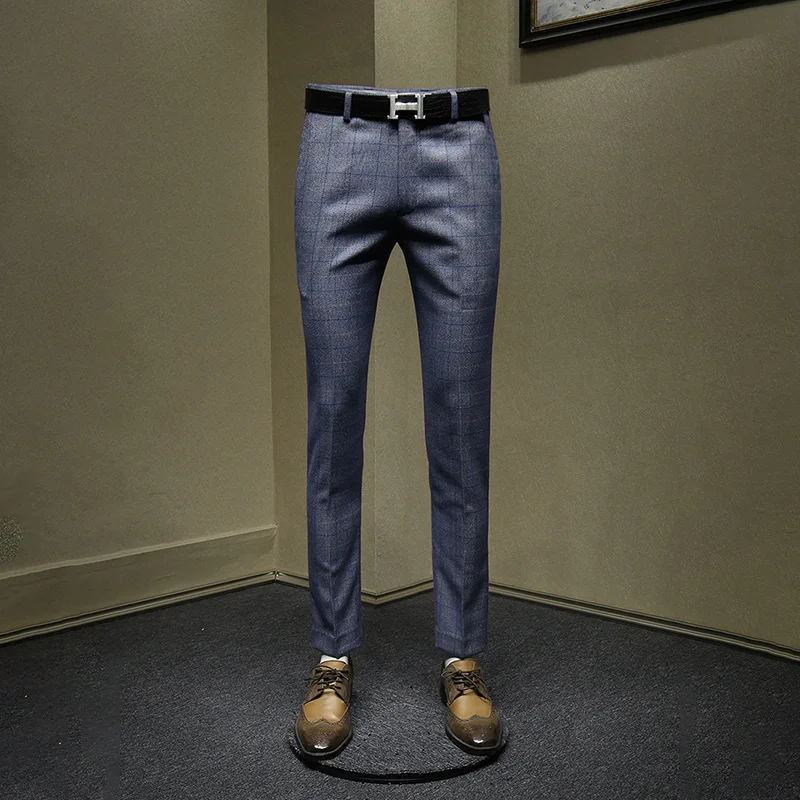 men pants blue plaid man streetwear slim thicken autumn winter mens pants casual suits pant clothing business mens trousers 36