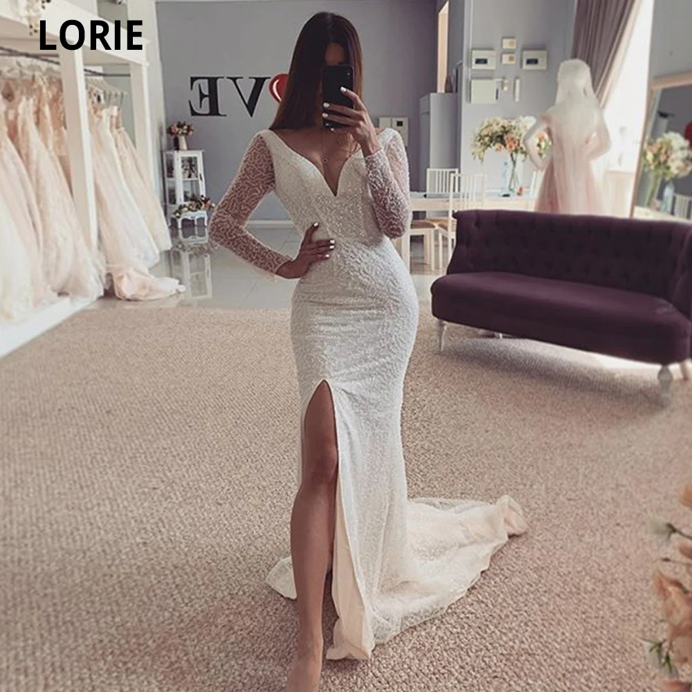 LORIE Elegant Lace Wedding Dresses Mermaid with Full Sleeve Sexy V neck Open Back Bridal Gowns High Split Custom Made 2021|Wedding Dresses| -…