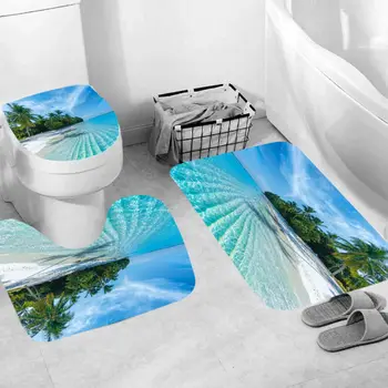 

Beach Shower Curtain Bathroom Rug Set Bath Mat Non-Slip Toilet Lid Cover Shower Curtain (With 12 Hooks) 2020 New