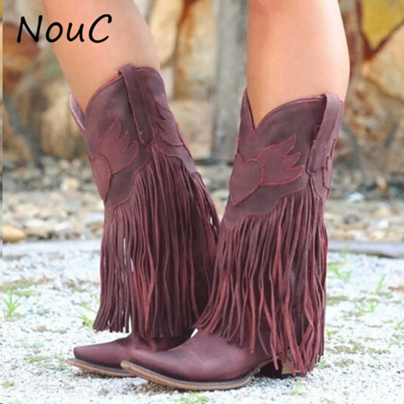 

NouC Retro Fringed Women Boots Low Heel Motorcycle Boots Cowboy Boots Women Shoes Spring Autumn Women Tassel Boots botas mujer