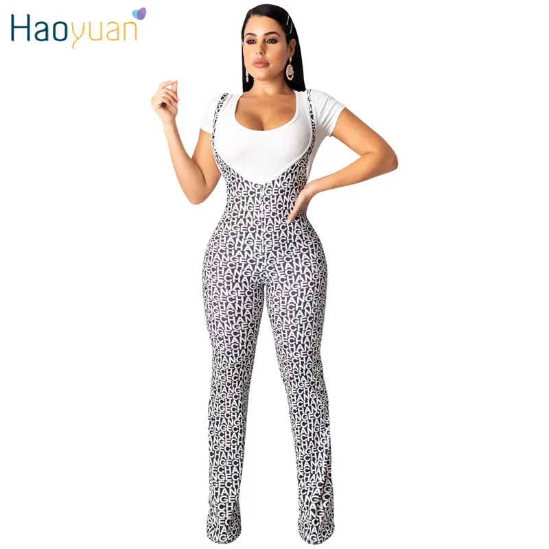 

HAOYUAN Sexy Women Two Piece Set Short Sleeve Tops+Wide Leg Jumpsuit Suit Streetwear Letter Print Matching Sets 2 Pcs Outfits