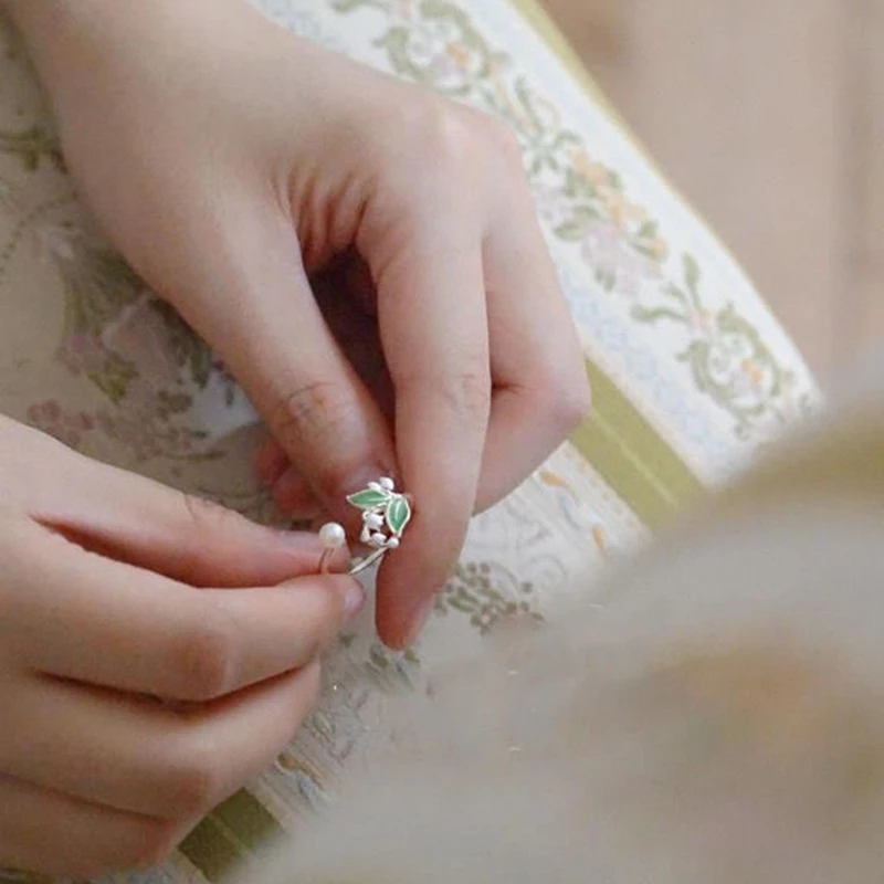 Lily of the valley element silver inlaid pearl enamel porcelain ladies ring