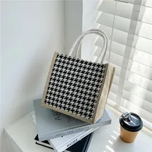 Portable Canvas Lunch Fruit Zipper Bag Tote Simple Lattice Waterproof Food Picnic Travel Convenient Lunch Box Bags For Women