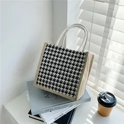 Portable Canvas Lunch Fruit Zipper Bag Tote Simple Lattice Waterproof Food Picnic Travel Convenient Lunch Box Bags For Women