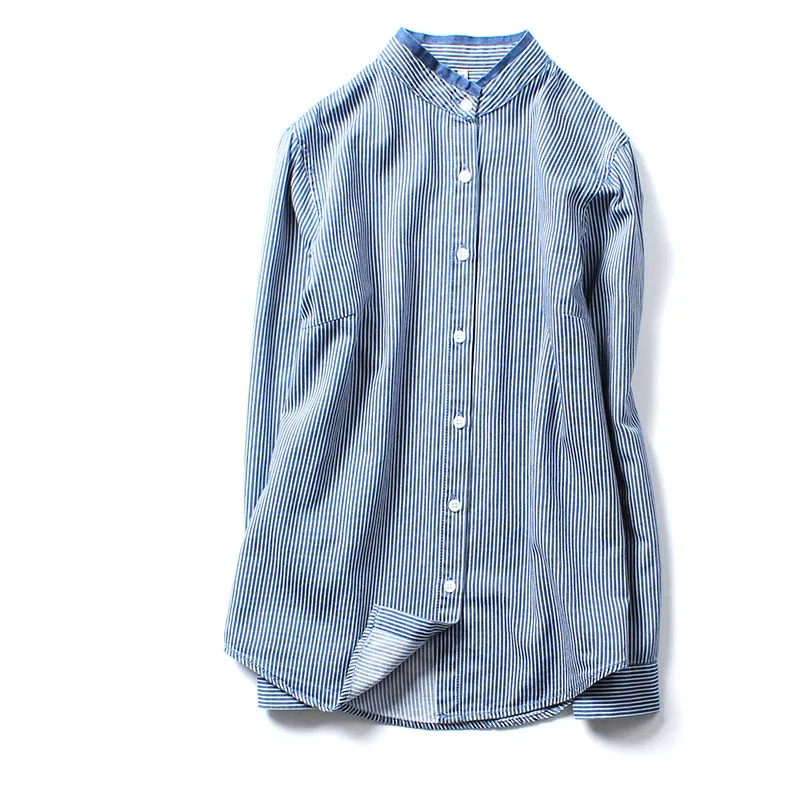 

Autumn Women Blue Stripes Shirt Blouse Long Sleeve Casual Overshirt OL Lady Europe Fashion Streetwear Cotton Clothing All Match