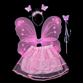 

Princess Kids girls Fairy Costume Sets 4Pcs colorful stage wear Butterfly Wings Wand Headband Tutu Skirts Birthday Wedding Party