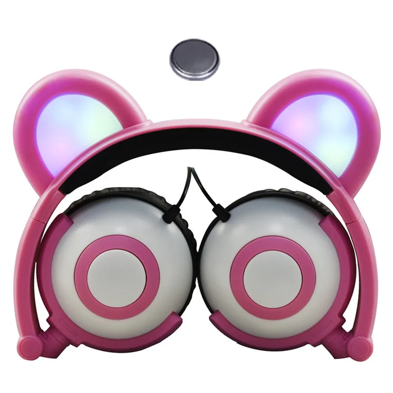 LIMSON Проводная складная детская гарнитура, стереонаушники, светодиодный, мигающий, разъем 3,5 мм, детские наушники в виде животного медведя - Цвет: BF02-Pink