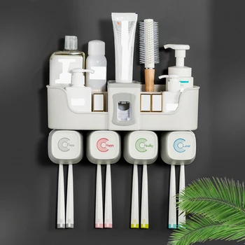 

Wall-Mounted Toothbrush Holder Bathroom Storage Shelf Toothbrush Organizer Automatic Toothpaste Dispenser 4 Cups 8 Brush Slots