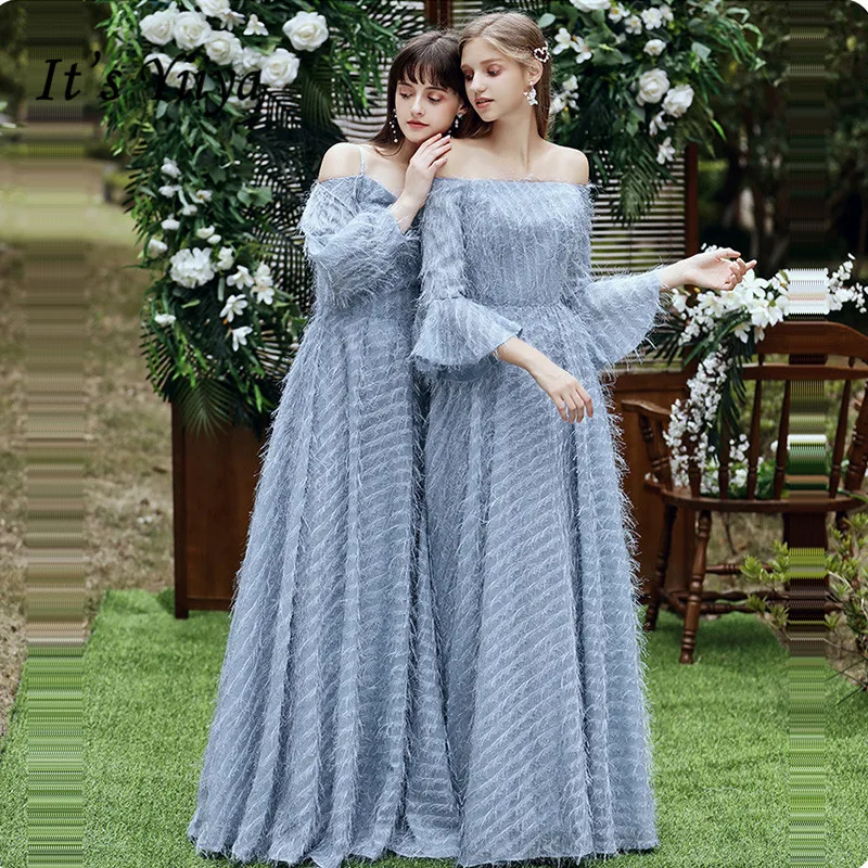 

It's Yiiya Bridesmaid Dress Boat Neck Blue Feathers Long Bridesmaid Dresses For Girls Elegant Party Vestido Madrinha LF233