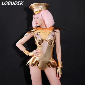 

Gold Mirror Bodysuit Hat Outfit Female Stage Costume Bar DJ Singer Party Dance Wear Nightclub Sexy Team Jazz Performance Clothes