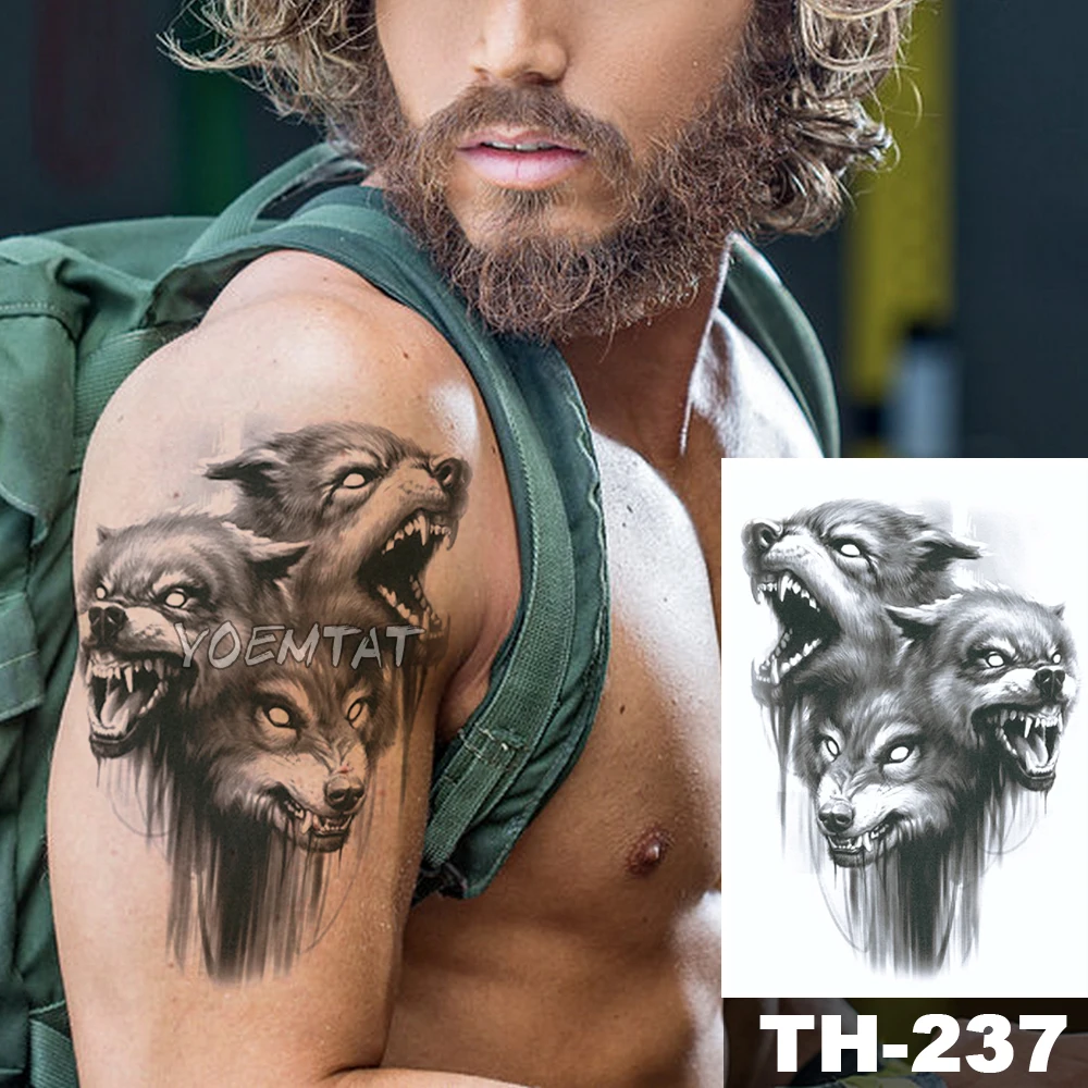 

Waterproof Temporary Tattoo Sticker Sketch three wolf heads pattern animals Water Transfer body art flash fake tatoo