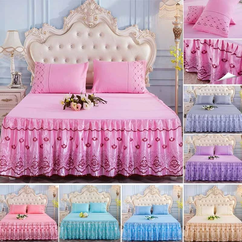 

Romantic Flower Pattern Lace and silk Double Bed Skirt,Non-slip Lace Bed cover bed spread queen size bed skirt king size