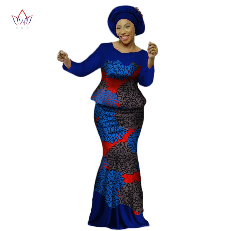 Africa Style Bazin Riche Dresses for Women Two Pieces Set Women Long Sleeve Tops and Long African Print Skirt Plus Size WY2454 - Цвет: 19