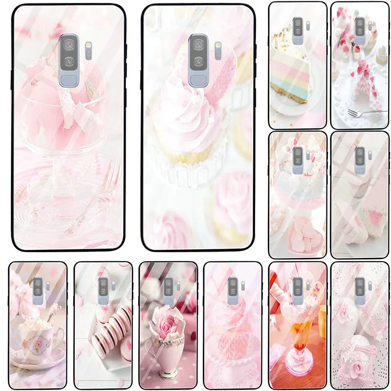 Tempered Glass Mobile Phone Cases for Samsung Galaxy A10 A20 A40 A50 A70 A80 A51 A71 M10 M20 M30 A6 A8 Plus Bags Shell Pink Cake | Мобильные
