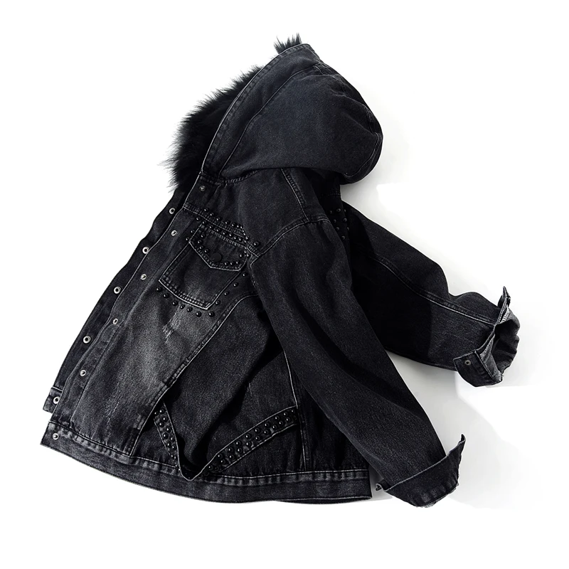 Зимние парки Mujer, джинсовая куртка с меховым воротником и капюшоном, женская джинсовая куртка со съемной подкладкой из овечьей шерсти, Женская свободная короткая черная куртка