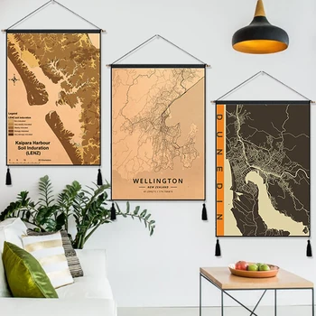 

Wellington New Zealand Travel City Map Vintage Hanging Cloth Cotton Line Painting Poster Home Decor Wall Hanging Tapestry Gift