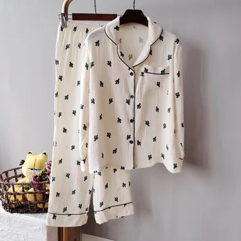 

Women Pajamas Autumn Simple Cute Animal Print Cotton Gauze Soft Ladies Pajamas Casual Home Suit 7 Colors Pajamas Womens Cotton