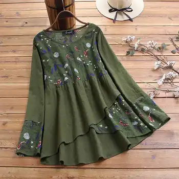 

Plus Size Printed Tops Women's Irregular Blouse Vintage Spring Long Sleeve Shirts Female O Neck Blusas Patchwork Tunic S-5XL Top