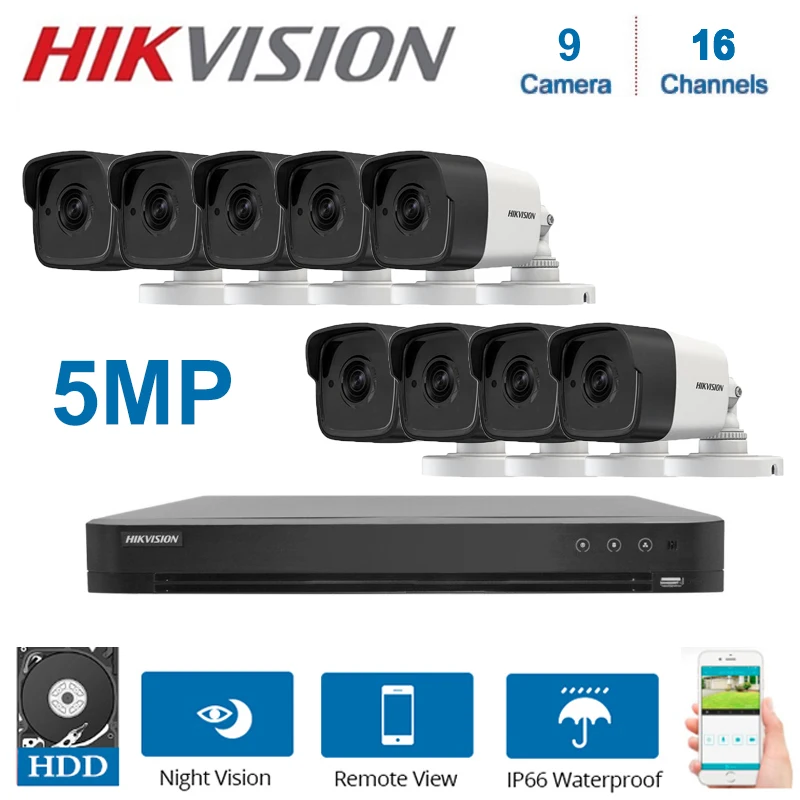 Hikvision 4K 16-канальный видеорегистратор гибридный видеорегистратор для видеонаблюдения с 5 Мп для помещений и улицы, комплект цилиндрической камеры безопасности ночного видения