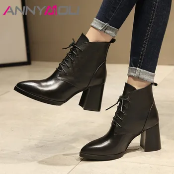 

ANNYMOLI Autumn Ankle Boots Women Natural Genuine Leather Thick Heel Short Boots Lace Up Super High Heel Shoes Lady Winter 34-39