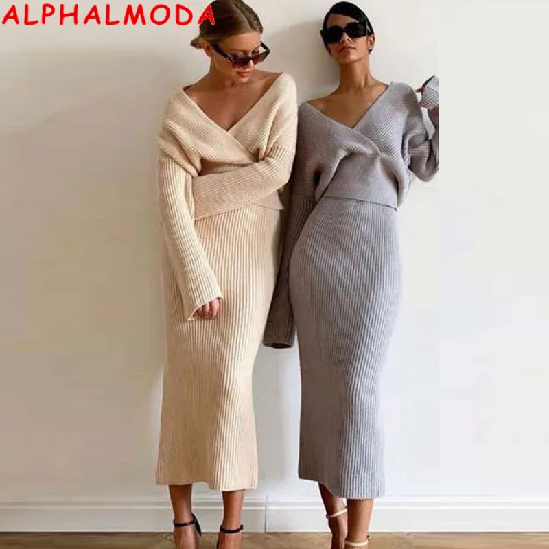 Женский вязаный костюм ALPHALMODA свитер с V-образным вырезом и рукавом летучая мышь +