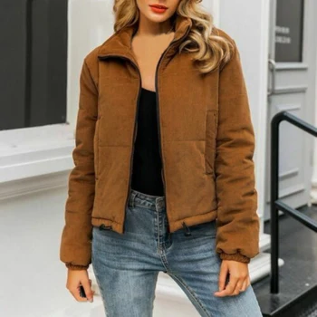 

Autumn And Winter Women Solid Color Jacket Zipper Lapel Pocket Bag Bread Coat Parker Coat