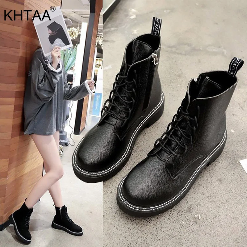 

KHTAA Women 2019 Autumn Ankle Boots Leather Lace Up Cool Ladies Fashion Platform Mid Heels Female Round Toe Sewing Black Shoes