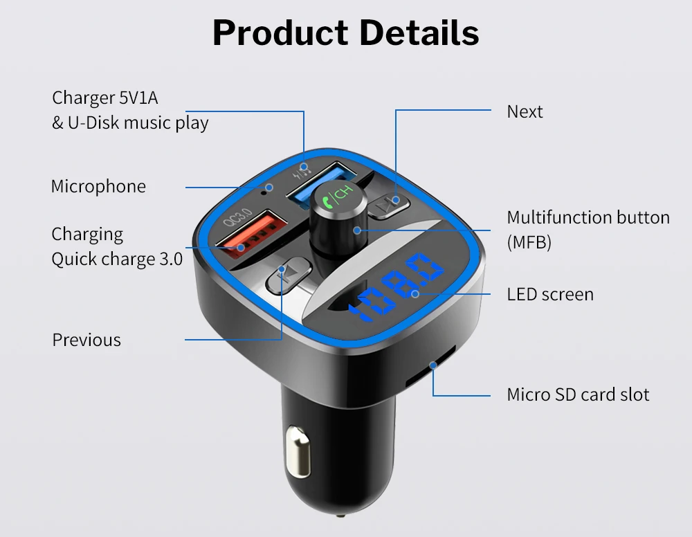 Fm-передатчик Bluetooth 5,0 автомобильный модулятор беспроводной комплект громкой связи Авто Аудио MP3 плеер Быстрая зарядка QC3.0 двойной USB зарядное устройство