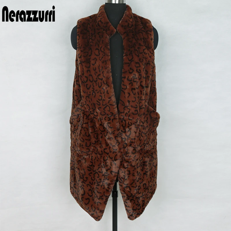 Nerazzurri Leopard print long soft fluffy faux fur vest women v neck