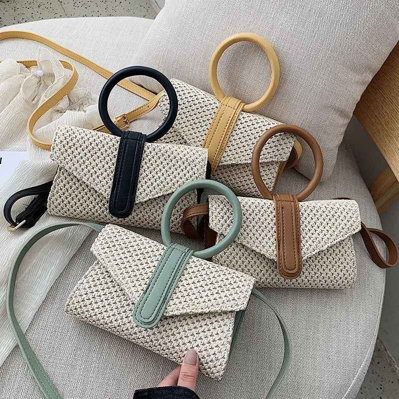 

Weaving Design Envelope Shoulder Bags For Women Round Handle Handbags Luxury Brands Leather Ladies Hand Bags Small Pu Women Flap