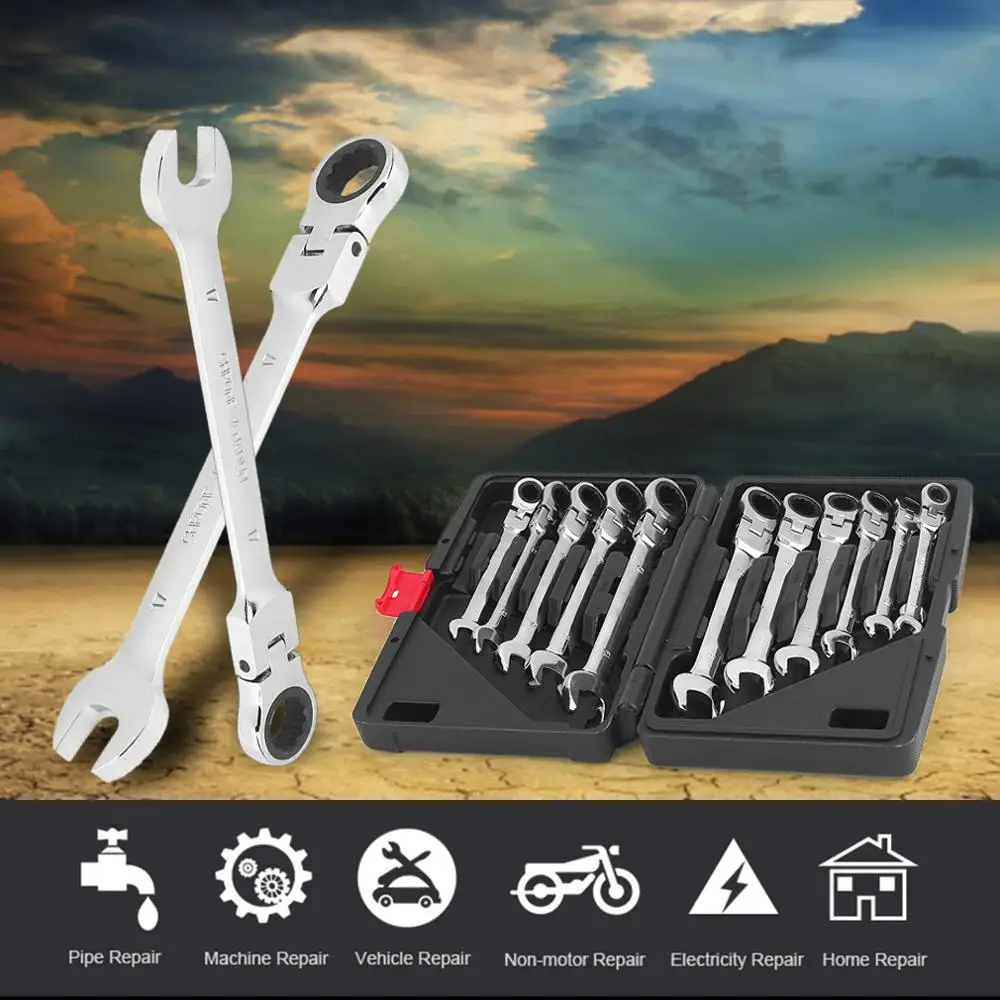 

12Pcs 8-19mm Chrome Vanadium Flexible Head Combination Tool Ratchet Wrench Set Gear Wrench Set for Multiple Use