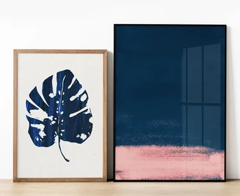 

Nordic Decoration Leaf Wall Art Canvas Poster and Print Blue and Pink Abstract Painting Picture for Living Room Home Decor