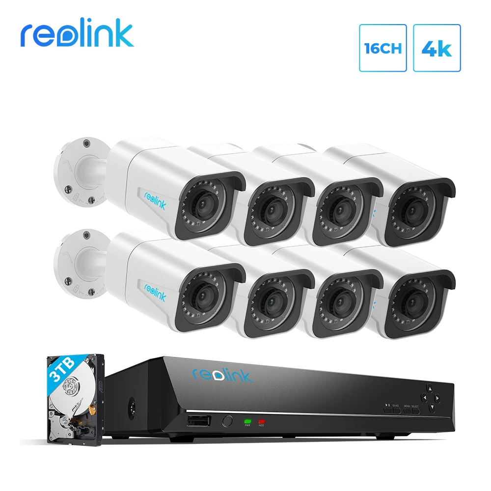 Reolink Security Camera System 8MP 4K Ultra HD 16ch PoE NVR & 8 PCS PoE IP Cameras Surveillance NVR Kit 3TB HDD RLK16-800B8