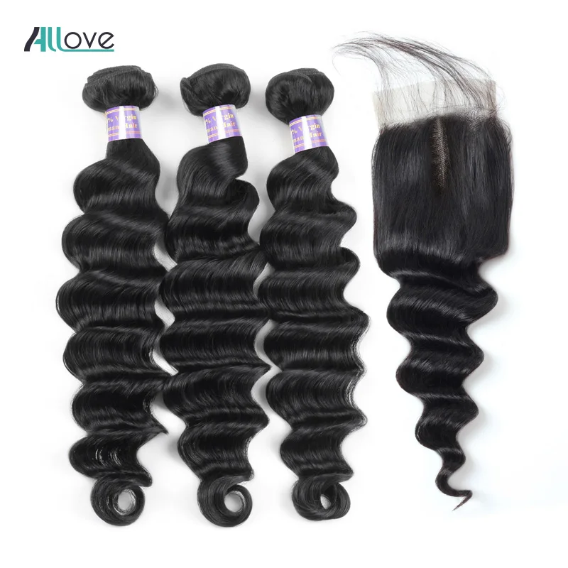  Allove Loose Deep Wave Bundles with Closure Peruvian Hair Bundles with Closure Non Remy 100% Human 