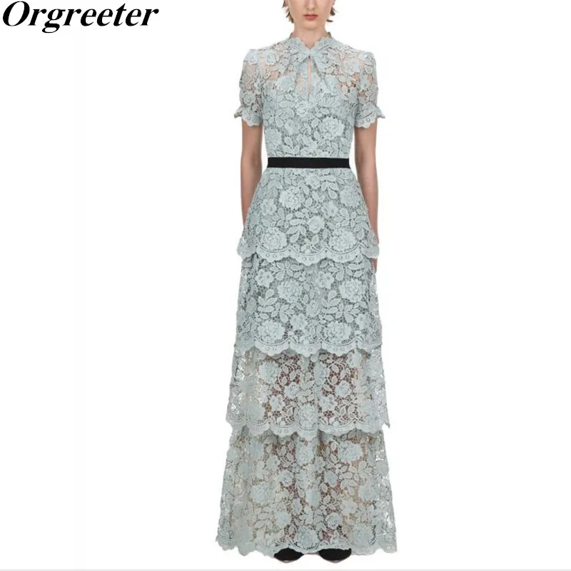 

Vintage Blue Hook flower hollow Lace Long Dress Women 2020 New Sexy Short Sleeve Multi-layer stitching Lace Dress Party Dress
